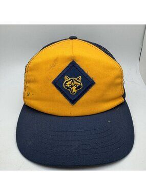 Vintage Cub Scout Boys Trucker Hat Mesh Snapback Yellow Navy Blue Wolf Patch